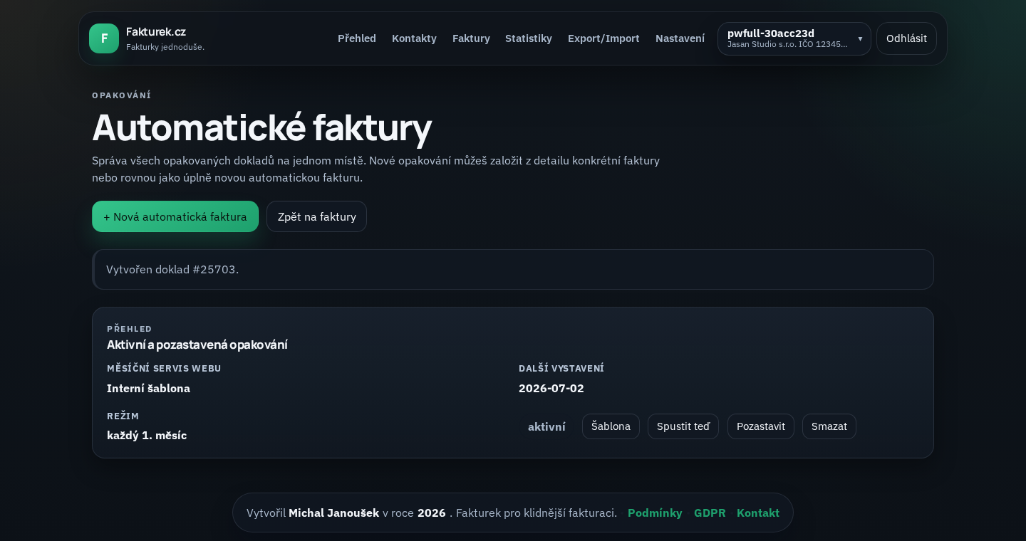 Automatické faktury v aplikaci Fakturek